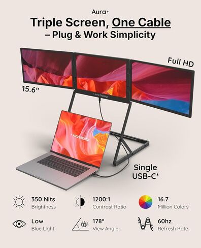Triple Aero 15.6" Pro Max | Premium Triple Portable Monitor Extender | Full Aluminum | Quad Screens | 3×15.6" FHD 1080P HDR IPS | USB-C & HDMI | Compatible with 11-18" Laptops in Saudi Arabia