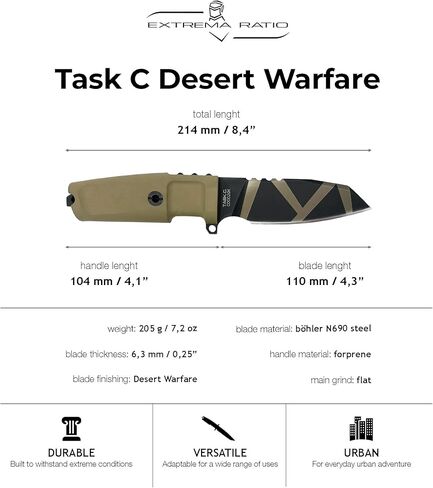 نسبة Extrema - سكين الشفرة الثابتة Task C (أسود)، شفرة Böhler N690 الفولاذية المقوية إلى 58 HRC، لمسة نهائية مصقولة، تصميم كامل التانغ، مقبض مريح من Forprene، مدمج ومتعدد الاستخدامات، مصنوع يدويًا بدقة في إيطاليا، سكين موثوق به للاستخدام الخارجي in Kuwait