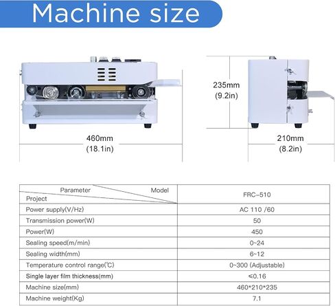 Automatic Continuous Bag Band Sealing Machine, Digital Temp Control, Adjustable Speed, Commercial Desktop Heat Sealer Machine for Plastic Bags Films Packaging (110V/60HZ)(FRC-510) in Saudi Arabia