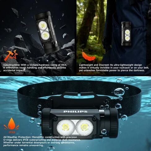 Philips SFL3255 LED Headlamp Rechargeable,1500 Lumens Super Bright Aluminium Magnetic Attraction Head Light Flashlight,Adults-Camping Accessories Gear,5 Modes for Outdoor Setting,USB Cable Included in Saudi Arabia