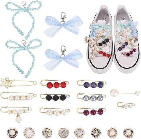 MECCANIXITY Shoe Charm for Sneakers, Faux Pearl Bow Tulle Mesh Bow Shoelace Rhinestone Brooches Accessories in Saudi Arabia