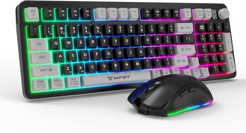 NPET Gaming Keyboard and Mouse Wireless with Tri-Mode, 98 Keys RGB Keyboard with Knob and 2400 DPI Gaming Mouse, 12 Multimedia Keys for Wins, PC, Computer, Ideal for Gamer in Saudi Arabia