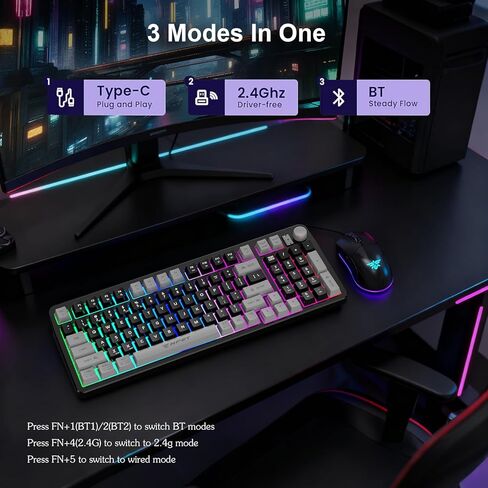 NPET Gaming Keyboard and Mouse Wireless with Tri-Mode, 98 Keys RGB Keyboard with Knob and 2400 DPI Gaming Mouse, 12 Multimedia Keys for Wins, PC, Computer, Ideal for Gamer in Saudi Arabia