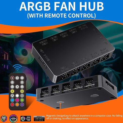 محور مروحة 2 في 1 ARGB PWM مع وحدة تحكم، 10 منافذ مروحة PWM 4 × 10، منافذ ARGB 10 × 5 فولت 3 دبابيس، قاعدة مغناطيسية وطاقة SATA - إجمالي 20 منفذًا in Kuwait