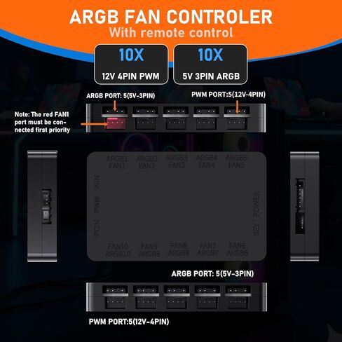 محور مروحة 2 في 1 ARGB PWM مع وحدة تحكم، 10 منافذ مروحة PWM 4 × 10، منافذ ARGB 10 × 5 فولت 3 دبابيس، قاعدة مغناطيسية وطاقة SATA - إجمالي 20 منفذًا in Kuwait