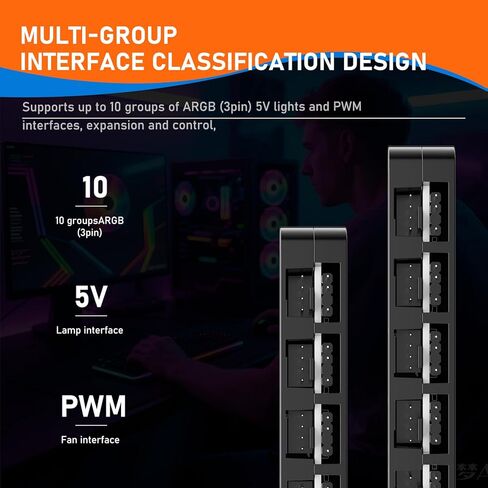 محور مروحة 2 في 1 ARGB PWM مع وحدة تحكم، 10 منافذ مروحة PWM 4 × 10، منافذ ARGB 10 × 5 فولت 3 دبابيس، قاعدة مغناطيسية وطاقة SATA - إجمالي 20 منفذًا in Kuwait
