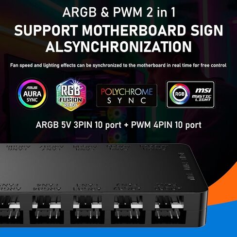 محور مروحة 2 في 1 ARGB PWM مع وحدة تحكم، 10 منافذ مروحة PWM 4 × 10، منافذ ARGB 10 × 5 فولت 3 دبابيس، قاعدة مغناطيسية وطاقة SATA - إجمالي 20 منفذًا in Kuwait