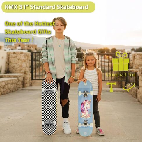 ألواح تزلج KMX للمبتدئين، ألواح تزلج قياسية للأطفال والمراهقين والبالغين، مقاس 31 بوصة × 8 بوصة من خشب القيقب الكندي ذو الركلة المزدوجة | الشاحنات المحترفة | لوح تزلج كامل للرحلات والخدع in Kuwait