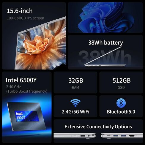 كمبيوتر محمول 15.6 IPS-FHD، ذاكرة وصول عشوائي 32 جيجابايت، 512 جيجابايت SSD 6500Y (حتى 3.4 جيجاهرتز)، كمبيوتر خفيف الوزن متعدد المنافذ للمنزل الطلابي WiFi 5 BT5.0 in Saudi Arabia