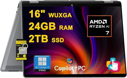 كمبيوتر محمول HP OmniBook X Flip 2 في 1 مقاس 16 بوصة WUXGA IPS Touch (400nits) AMD ثماني النواة Ryzen AI 7 350 (ما يصل إلى 50 قطعة علوية) ذاكرة وصول عشوائي 24 جيجابايت و1 تيرابايت SSD لمصمم الأعمال المحترف Win11 ICP Hub/Copilot+ AI PC in Saudi Arabia