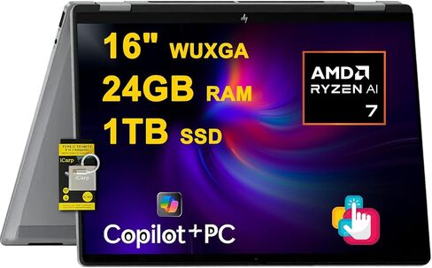 كمبيوتر محمول HP OmniBook X Flip 2 في 1 مقاس 16 بوصة WUXGA IPS Touch (400nits) AMD ثماني النواة Ryzen AI 7 350 (ما يصل إلى 50 قطعة علوية) ذاكرة وصول عشوائي 24 جيجابايت و1 تيرابايت SSD لمصمم الأعمال المحترف Win11 ICP Hub/Copilot+ AI PC in Saudi Arabia