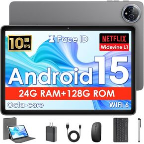 Android 15 Tablet 10 Inch Tablet, Octa-Core Tablets with keyboard, 24GB(8+16)RAM+128GB ROM+1TB, 1280x800 IPS Display, Widevine L1, GPS, 2.4G/5G WiFi, 5MP+8MP Camera, 6000mAh, Bluetooth 5.4, Gray in Saudi Arabia