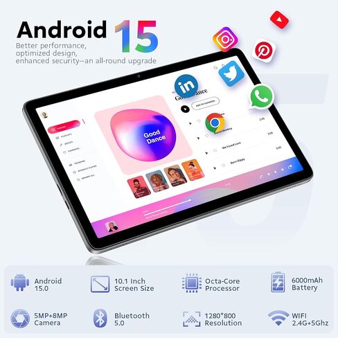 Android 15 Tablet 10 Inch Tablet, Octa-Core Tablets with keyboard, 24GB(8+16)RAM+128GB ROM+1TB, 1280x800 IPS Display, Widevine L1, GPS, 2.4G/5G WiFi, 5MP+8MP Camera, 6000mAh, Bluetooth 5.4, Gray in Saudi Arabia