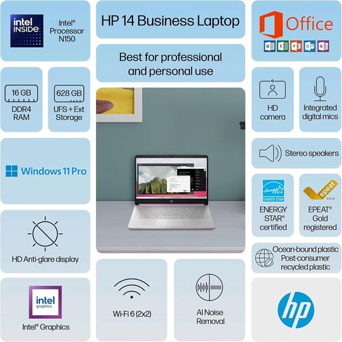 HP 14" Flagship Laptop 2025 AI-Powered Computer, Office Lifetime, Student Business, 4-Core Intel CPU, 16GB RAM 628GB Storage (128GB UFS+ 500GB Ext), Long Battery HubxcelAccessory Win 11 Pro Lavender in Saudi Arabia