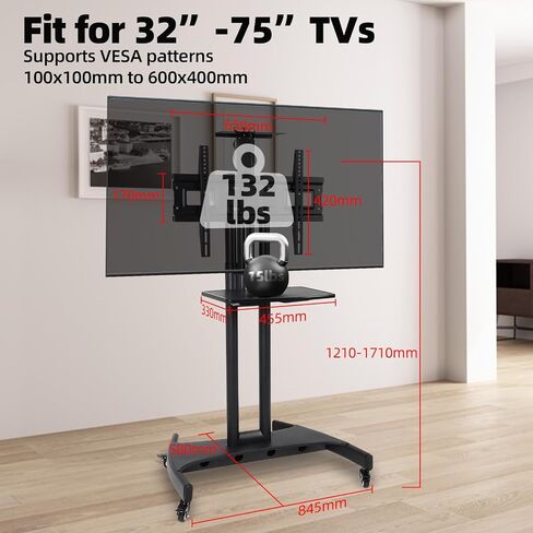 Rolling TV Stand，Mobile TV Cart with Adjustable Shelf，Portable Mobile TV Stand for 32-75 Inch TVs，132 LBS Weight Capacity， Suitable for Living Room/Bedroom/Office in Saudi Arabia