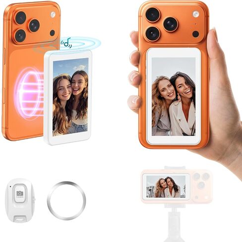 Vlog Selfie Monitor Screen for iPhone 17 Series & Android, Wireless Magnetic Built-in Speaker 4K/1080P Phone Back Camera Monitor with Remote Control for Live Stream TikTok (White) in Saudi Arabia
