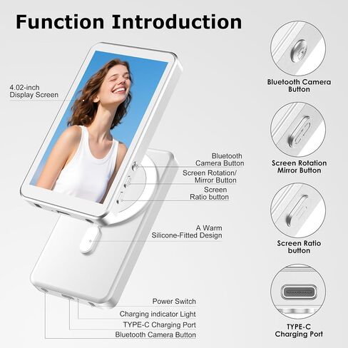 Vlog Selfie Monitor Screen for iPhone 17 Series & Android, Wireless Magnetic Built-in Speaker 4K/1080P Phone Back Camera Monitor with Remote Control for Live Stream TikTok (White) in Saudi Arabia
