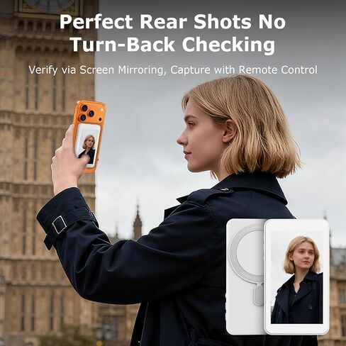 Vlog Selfie Monitor Screen for iPhone 17 Series & Android, Wireless Magnetic Built-in Speaker 4K/1080P Phone Back Camera Monitor with Remote Control for Live Stream TikTok (White) in Saudi Arabia