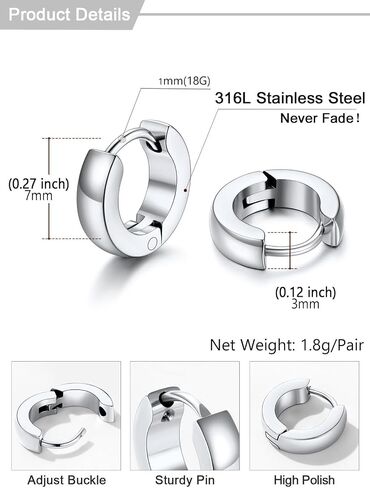 U7 Small Hoop Earrings for Women Men Stainless Steel/Black/Gold Huggie Hoop Earrings Hypoallergenic Lightweight 7/8/9/10/12/14/16mm in Saudi Arabia