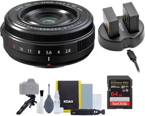 مجموعة عدسات Fujifilm XF27mm F2.8 R WR مع بطارية قابلة للشحن وشاحن مزدوج وبطاقة ذاكرة ومجموعة تنظيف (4 قطع) in Saudi Arabia