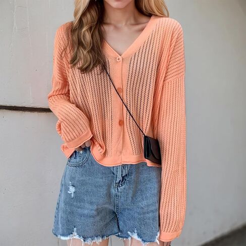 Women Fashion V-Neck Button Hollow Short Knitted Blouse in Saudi Arabia