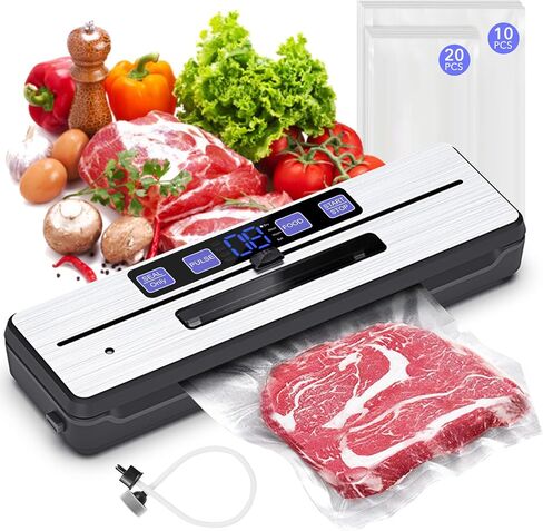 Food Saver Vacuum Sealer Machine + 30 Vacuum Bags, 7-in-1 Multi-Functional Vacuum Sealer, Food Sealer for Freshness Storage, with Dry & Moist Food Modes, Double Heat Seal, Built-in Cutter, Silver in Saudi Arabia