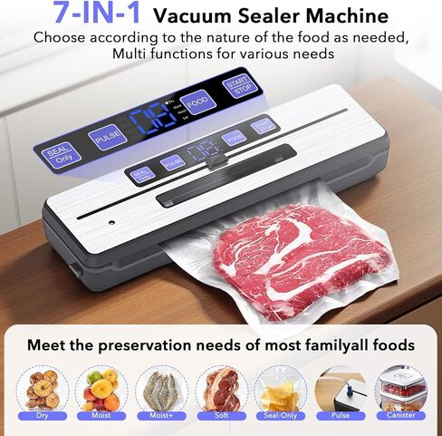 Food Saver Vacuum Sealer Machine + 30 Vacuum Bags, 7-in-1 Multi-Functional Vacuum Sealer, Food Sealer for Freshness Storage, with Dry & Moist Food Modes, Double Heat Seal, Built-in Cutter, Silver in Saudi Arabia