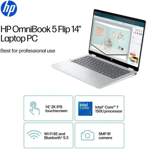 HP OmniBook 5 Flip 2 في 1 14 بوصة 2K شاشة لمس i7، معالج Intel Core 7 150U، ذاكرة وصول عشوائي DDR5 سعة 16 جيجابايت و1 تيرابايت SSD، كمبيوتر محمول مع لوحة مفاتيح بإضاءة خلفية، Wi-Fi 6E، شاشة FHD+ IPS، عمر بطارية طويل، Win 11 Pro in Saudi Arabia