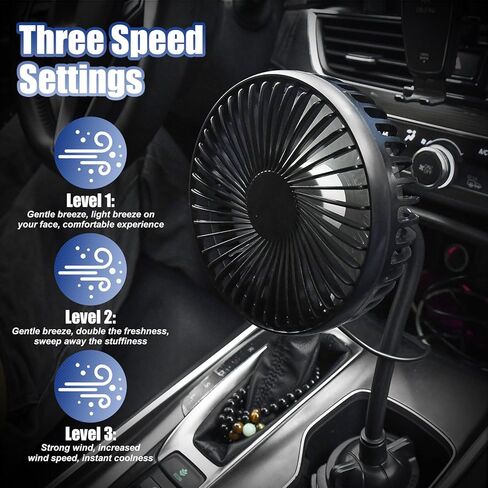 Car Cooling Fan USB Powered with Gooseneck, 3-Speed Powerful Low Noise Vehicle Fan for Front Seat, 360° Rotation Adjustable Portable Mounted in Cup Holder in Kuwait