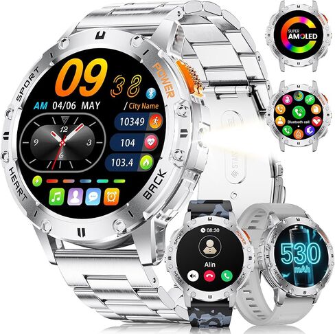 LIGE 1.43" AMOLED Smart Watch for Men with Flashlight, Bluetooth Calling, 100+ Sport Modes, 530mAh, IP68 Waterproof Fitness Tracker for Workout, iOS Android Compatible, Black Steel Camouflage Silicone in Saudi Arabia