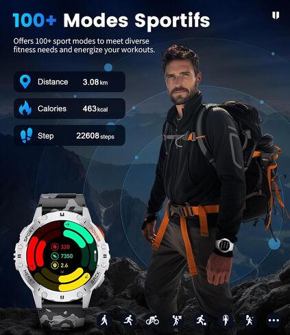 LIGE 1.43" AMOLED Smart Watch for Men with Flashlight, Bluetooth Calling, 100+ Sport Modes, 530mAh, IP68 Waterproof Fitness Tracker for Workout, iOS Android Compatible, Black Steel Camouflage Silicone in Saudi Arabia
