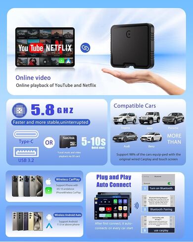 محول CarPlay اللاسلكي AI Box لأجهزة iPhone وAndroid Auto - دعم YouTube وNetflix، تشغيل بطاقة TF دون اتصال بالإنترنت، التوصيل والتشغيل، تحويل سلكي إلى لاسلكي، واي فاي ثابت 5.8 جيجا هرتز وبلوتوث 5.3 in Saudi Arabia