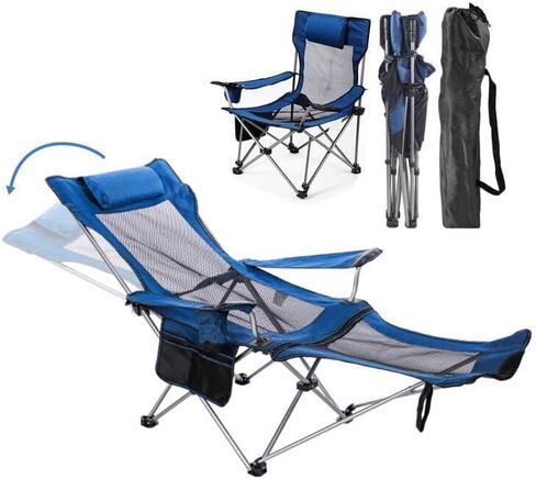 Reclining Folding Camping Chair with Removabel Footrest, Adjustable Folde Camping Chair with Foot Rest, Camp Lounge Outdoor Beach Chair, Mesh Reclining Design, with Pillow Cup Holder, Blue Mesh in Saudi Arabia