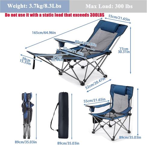 Reclining Folding Camping Chair with Removabel Footrest, Adjustable Folde Camping Chair with Foot Rest, Camp Lounge Outdoor Beach Chair, Mesh Reclining Design, with Pillow Cup Holder, Blue Mesh in Saudi Arabia