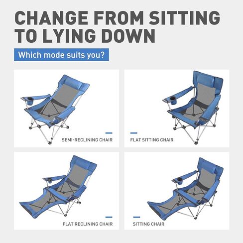 Reclining Folding Camping Chair with Removabel Footrest, Adjustable Folde Camping Chair with Foot Rest, Camp Lounge Outdoor Beach Chair, Mesh Reclining Design, with Pillow Cup Holder, Blue Mesh in Saudi Arabia
