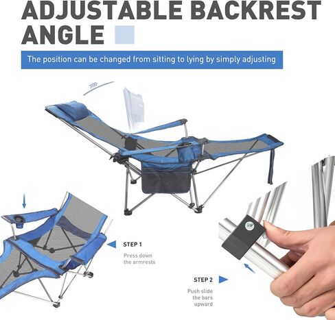 Reclining Folding Camping Chair with Removabel Footrest, Adjustable Folde Camping Chair with Foot Rest, Camp Lounge Outdoor Beach Chair, Mesh Reclining Design, with Pillow Cup Holder, Blue Mesh in Saudi Arabia