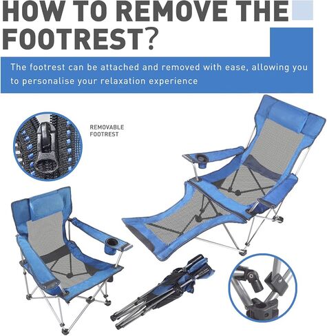 Reclining Folding Camping Chair with Removabel Footrest, Adjustable Folde Camping Chair with Foot Rest, Camp Lounge Outdoor Beach Chair, Mesh Reclining Design, with Pillow Cup Holder, Blue Mesh in Saudi Arabia