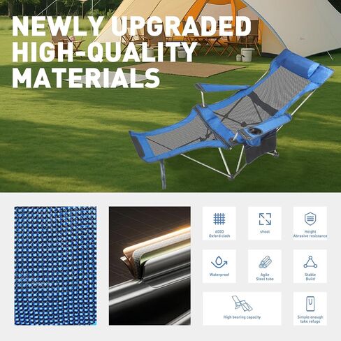Reclining Folding Camping Chair with Removabel Footrest, Adjustable Folde Camping Chair with Foot Rest, Camp Lounge Outdoor Beach Chair, Mesh Reclining Design, with Pillow Cup Holder, Blue Mesh in Saudi Arabia