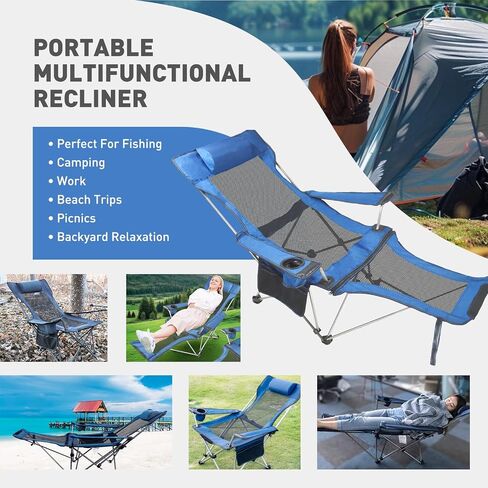 Reclining Folding Camping Chair with Removabel Footrest, Adjustable Folde Camping Chair with Foot Rest, Camp Lounge Outdoor Beach Chair, Mesh Reclining Design, with Pillow Cup Holder, Blue Mesh in Saudi Arabia