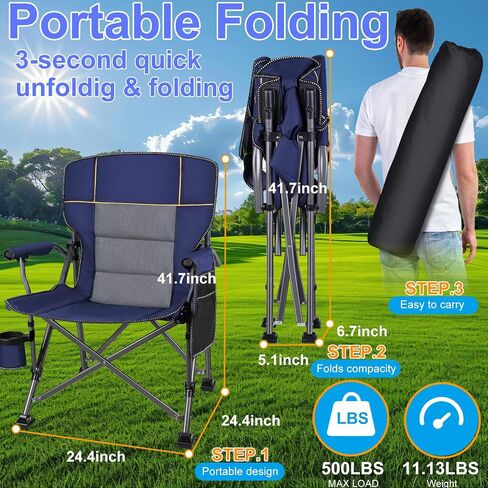 Jill Deaaa® Oversized Camping Chairs, Heavy Duty Support 450 LBS, Foldable Outdoor Chair with Padded Back & Arm, Folding Lawn Chairs with Side Pockets & Cup Holder for Outside, Fishing, Camp & Garden in Saudi Arabia