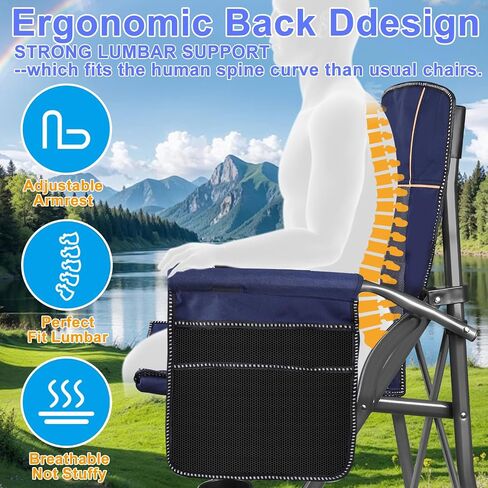 Jill Deaaa® Oversized Camping Chairs, Heavy Duty Support 450 LBS, Foldable Outdoor Chair with Padded Back & Arm, Folding Lawn Chairs with Side Pockets & Cup Holder for Outside, Fishing, Camp & Garden in Saudi Arabia