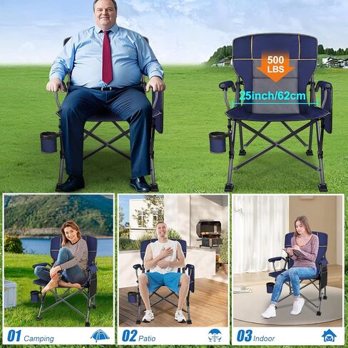 Jill Deaaa® Oversized Camping Chairs, Heavy Duty Support 450 LBS, Foldable Outdoor Chair with Padded Back & Arm, Folding Lawn Chairs with Side Pockets & Cup Holder for Outside, Fishing, Camp & Garden in Saudi Arabia