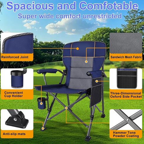 Jill Deaaa® Oversized Camping Chairs, Heavy Duty Support 450 LBS, Foldable Outdoor Chair with Padded Back & Arm, Folding Lawn Chairs with Side Pockets & Cup Holder for Outside, Fishing, Camp & Garden in Saudi Arabia