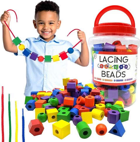 Blu Jay Wooden Lacing Beads for Toddlers 1-3 & 3-5 – 125 PCS with Storage Tub | Stringing Beads for Toddlers 1-3 & Fine Motor Skills Toy for Hand-Eye Coordination & Color Sorting in Saudi Arabia