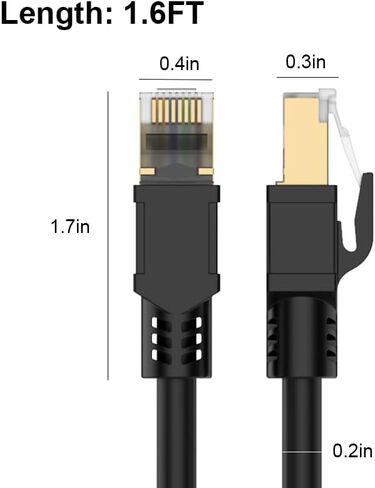 Cat 8 Ethernet Cable 1.6 FT, 40Gbps 2000MHz Shielded LAN Network Cable, 26AWG Heavy Duty with Gold Plated RJ45 Connector, for Gaming, Router, Modem, PC, Indoor Outdoor Use​, Black in Saudi Arabia