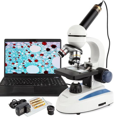 AmScope M158C-E Compound Monocular Microscope, WF10x and WF25x Eyepieces, 40x-1000x Magnification, Brightfield, LED Illumination, Plain Stage, 110V, Includes 0.3MP Camera and Software in Saudi Arabia
