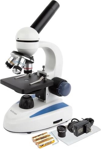 AmScope M158C-E Compound Monocular Microscope, WF10x and WF25x Eyepieces, 40x-1000x Magnification, Brightfield, LED Illumination, Plain Stage, 110V, Includes 0.3MP Camera and Software in Saudi Arabia