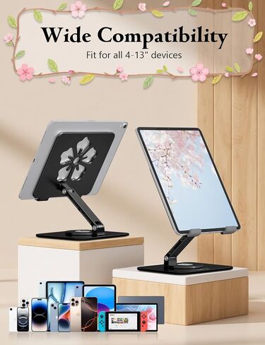 حامل الكمبيوتر اللوحي لجهاز iPad، حامل قابل للطي من الألومنيوم يدور 360 درجة - حامل مكتب قابل للتعديل | يناسب iPad Pro 12.9/11، Samsung Galaxy Tab - محمول للمنزل والمكتب والسفر، أسود in Kuwait