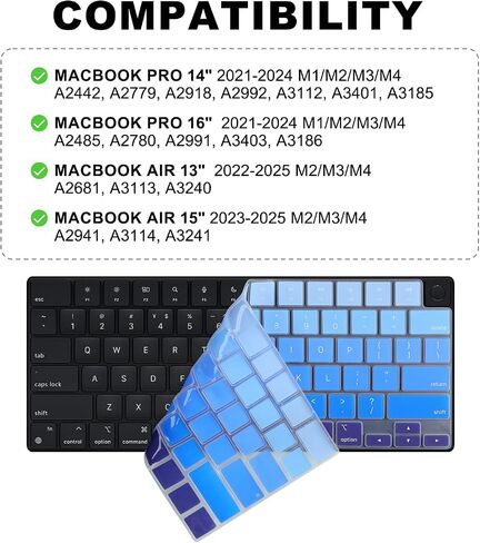 غطاء لوحة مفاتيح Allinside MacBook لجهاز Pro 14 بوصة/16 ​​بوصة (M2/M3/M4، 2021-2025) وAir 13 بوصة/15 بوصة (M1/M2/M3/M4 Pro/Max، 2022-2025)، غلاف حماية للوحة مفاتيح الكمبيوتر المحمول، تصميم US ANSI، أزرق in Kuwait