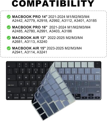 غطاء لوحة مفاتيح Allinside MacBook لجهاز Pro 14 بوصة/16 ​​بوصة (M2/M3/M4، 2021-2025) وAir 13 بوصة/15 بوصة (M1/M2/M3/M4 Pro/Max، 2022-2025)، غلاف حماية للوحة مفاتيح الكمبيوتر المحمول، تصميم US ANSI، أزرق in Kuwait